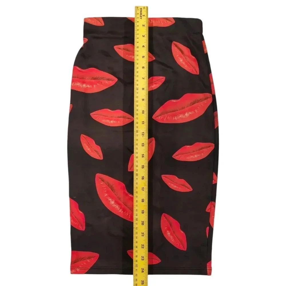 Codigo Black Red Lipstick Lip Bodycon Stretchy Pencil Skirt - Picture 4 of 6
